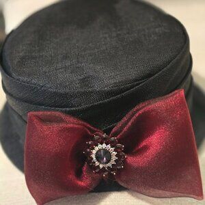 Black Linen Women's Hat w/Rhinestone & Organza Bow